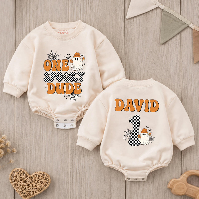 Custom Retro Halloween Baby Romper with Ghost & Checkered Number, One Spooky Dude Outfit for First Birthday, Soft Cotton Infant Bodysuit