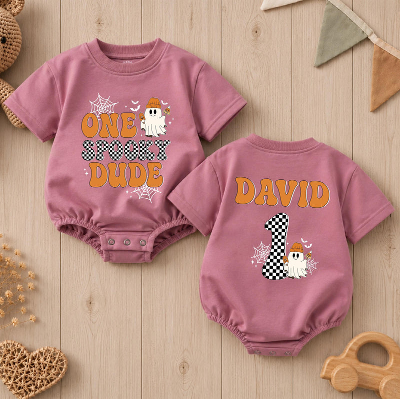 Custom Retro Halloween Baby Romper with Ghost & Checkered Number, One Spooky Dude Outfit for First Birthday, Soft Cotton Infant Bodysuit
