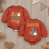 Custom Retro Halloween Baby Romper with Ghost & Checkered Number, One Spooky Dude Outfit for First Birthday, Soft Cotton Infant Bodysuit