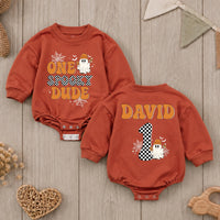 Custom Retro Halloween Baby Romper with Ghost & Checkered Number, One Spooky Dude Outfit for First Birthday, Soft Cotton Infant Bodysuit