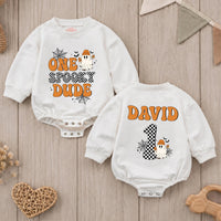 Custom Retro Halloween Baby Romper with Ghost & Checkered Number, One Spooky Dude Outfit for First Birthday, Soft Cotton Infant Bodysuit
