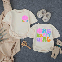Custom Retro One Happy Girl Birthday Outfit Toddler Romper with Smiley Face, Colorful 70s Bubble Design, Soft Cotton First Party Wear