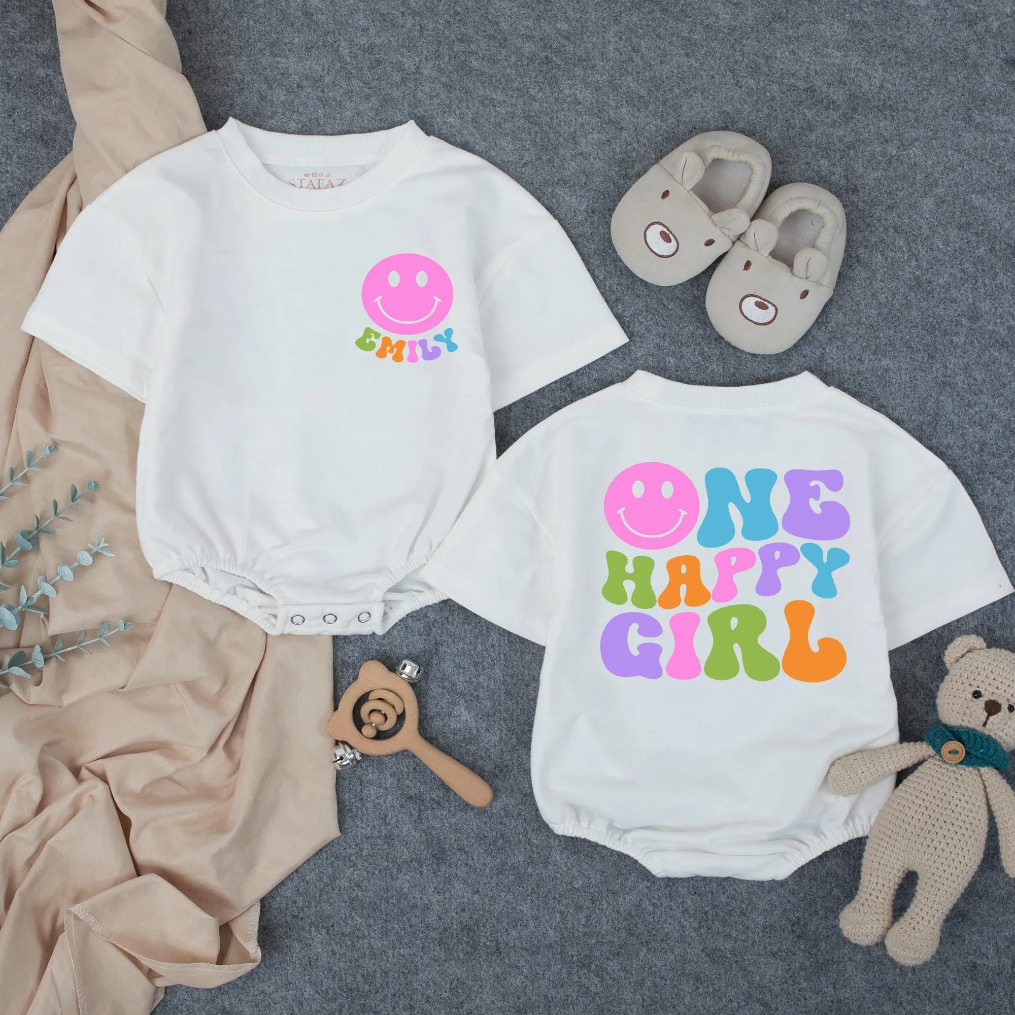 Custom Retro One Happy Girl Birthday Outfit Toddler Romper with Smiley Face, Colorful 70s Bubble Design, Soft Cotton First Party Wear