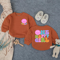 Custom Retro One Happy Girl Birthday Outfit Toddler Romper with Smiley Face, Colorful 70s Bubble Design, Soft Cotton First Party Wear