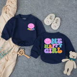Custom Retro One Happy Girl Birthday Outfit Toddler Romper with Smiley Face, Colorful 70s Bubble Design, Soft Cotton First Party Wear