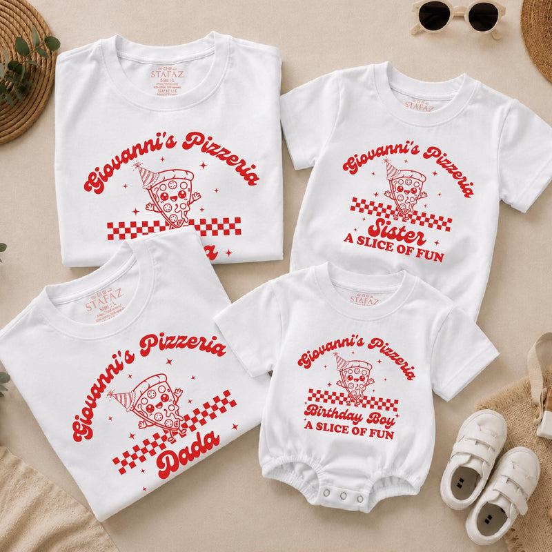 Custom Retro Pizza Birthday Outfit for Baby, Toddler, Kids & Adults, Soft Cotton Long Sleeve Romper & T-Shirt, Fun Family Party Wear