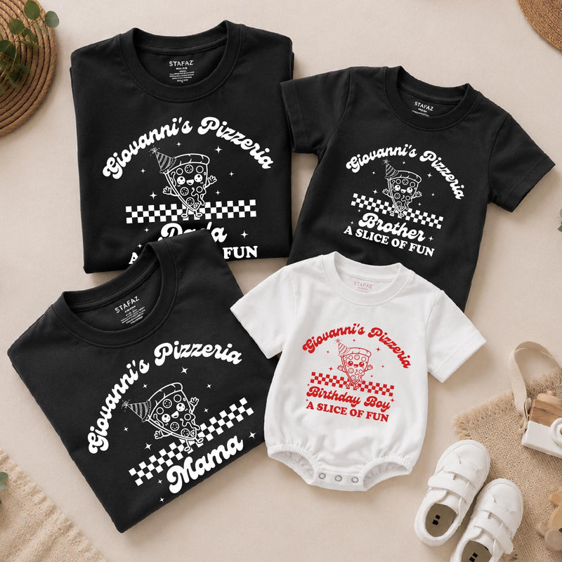 Custom Retro Pizza Birthday Outfit for Baby, Toddler, Kids & Adults, Soft Cotton Long Sleeve Romper & T-Shirt, Fun Family Party Wear