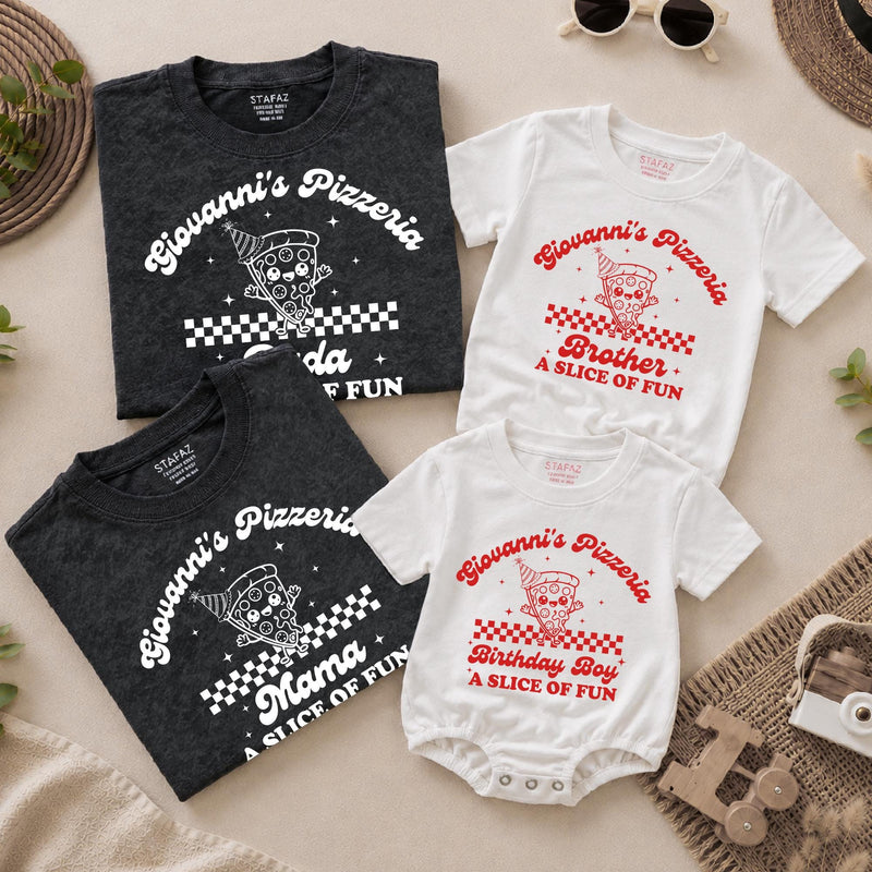 Custom Retro Pizza Birthday Outfit for Baby, Toddler, Kids & Adults, Soft Cotton Long Sleeve Romper & T-Shirt, Fun Family Party Wear