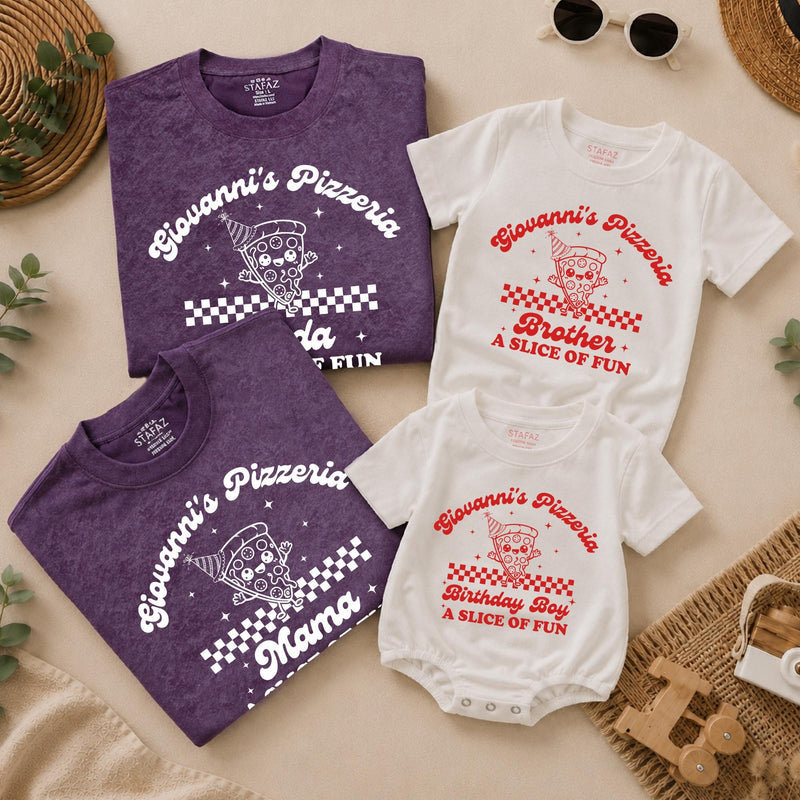 Custom Retro Pizza Birthday Outfit for Baby, Toddler, Kids & Adults, Soft Cotton Long Sleeve Romper & T-Shirt, Fun Family Party Wear