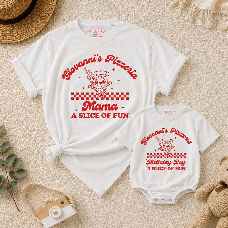 Custom Retro Pizza Birthday Outfit for Baby, Toddler, Kids & Adults, Soft Cotton Long Sleeve Romper & T-Shirt, Fun Family Party Wear