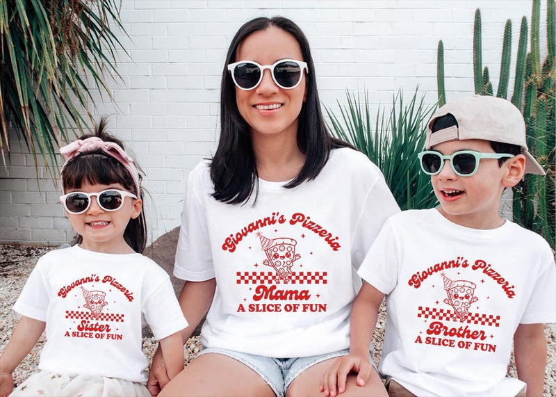 Custom Retro Pizza Birthday Outfit for Baby, Toddler, Kids & Adults, Soft Cotton Long Sleeve Romper & T-Shirt, Fun Family Party Wear