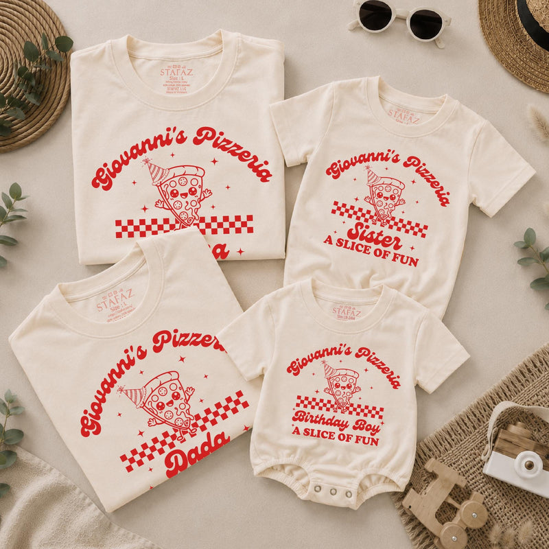 Custom Retro Pizza Birthday Outfit for Baby, Toddler, Kids & Adults, Soft Cotton Long Sleeve Romper & T-Shirt, Fun Family Party Wear