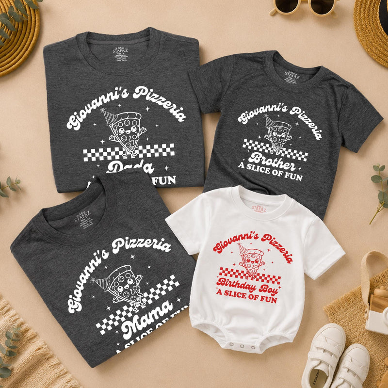 Custom Retro Pizza Birthday Outfit for Baby, Toddler, Kids & Adults, Soft Cotton Long Sleeve Romper & T-Shirt, Fun Family Party Wear