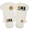 Custom Retro Smiley Face Matching Family Shirts for Baby's 1st Birthday, Soft Cotton Outfit for Mom, Dad, and Siblings, Perfect for Milestone Photos