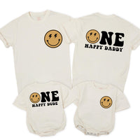 Custom Retro Smiley Face Matching Family Shirts for Baby's 1st Birthday, Soft Cotton Outfit for Mom, Dad, and Siblings, Perfect for Milestone Photos