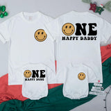 Custom Retro Smiley Face Matching Family Shirts for Baby's 1st Birthday, Soft Cotton Outfit for Mom, Dad, and Siblings, Perfect for Milestone Photos