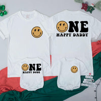 Custom Retro Smiley Face Matching Family Shirts for Baby's 1st Birthday, Soft Cotton Outfit for Mom, Dad, and Siblings, Perfect for Milestone Photos