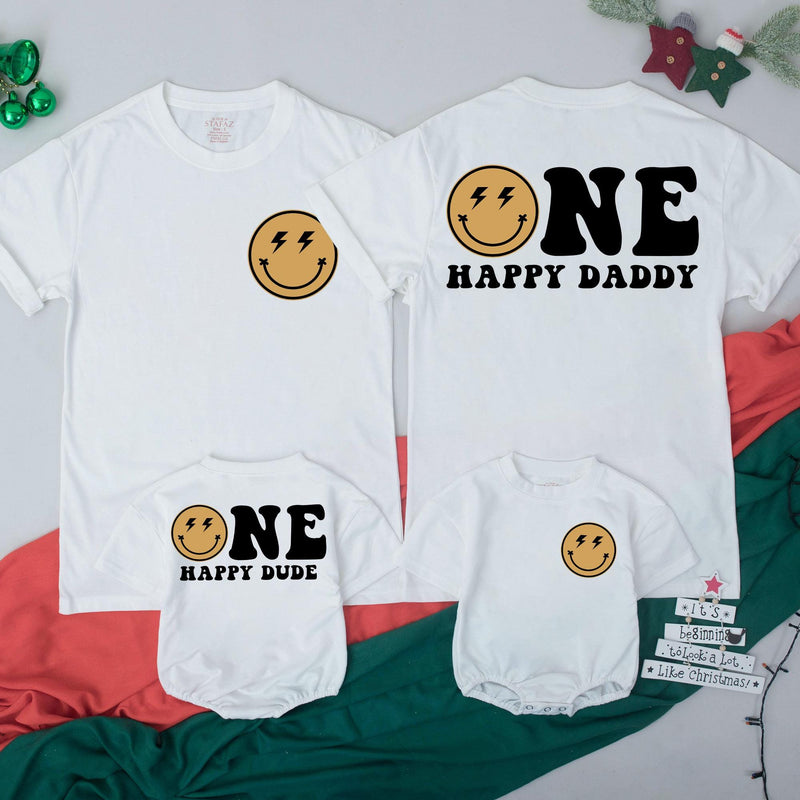 Custom Retro Smiley Face Matching Family Shirts for Baby's 1st Birthday, Soft Cotton Outfit for Mom, Dad, and Siblings, Perfect for Milestone Photos
