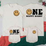 Custom Retro Smiley Face Matching Family Shirts for Baby's 1st Birthday, Soft Cotton Outfit for Mom, Dad, and Siblings, Perfect for Milestone Photos
