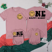 Custom Retro Smiley Face Matching Family Shirts for Baby's 1st Birthday, Soft Cotton Outfit for Mom, Dad, and Siblings, Perfect for Milestone Photos