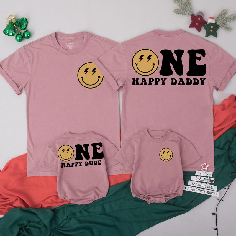 Custom Retro Smiley Face Matching Family Shirts for Baby's 1st Birthday, Soft Cotton Outfit for Mom, Dad, and Siblings, Perfect for Milestone Photos