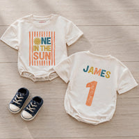 Custom Retro Sunshine Baby Romper with Name, One in the Sun Design, Soft Cotton Long Sleeve Bodysuit for First Birthday Celebration