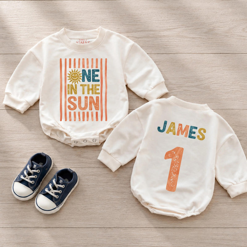 Custom Retro Sunshine Baby Romper with Name, One in the Sun Design, Soft Cotton Long Sleeve Bodysuit for First Birthday Celebration