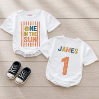 Custom Retro Sunshine Baby Romper with Name, One in the Sun Design, Soft Cotton Long Sleeve Bodysuit for First Birthday Celebration
