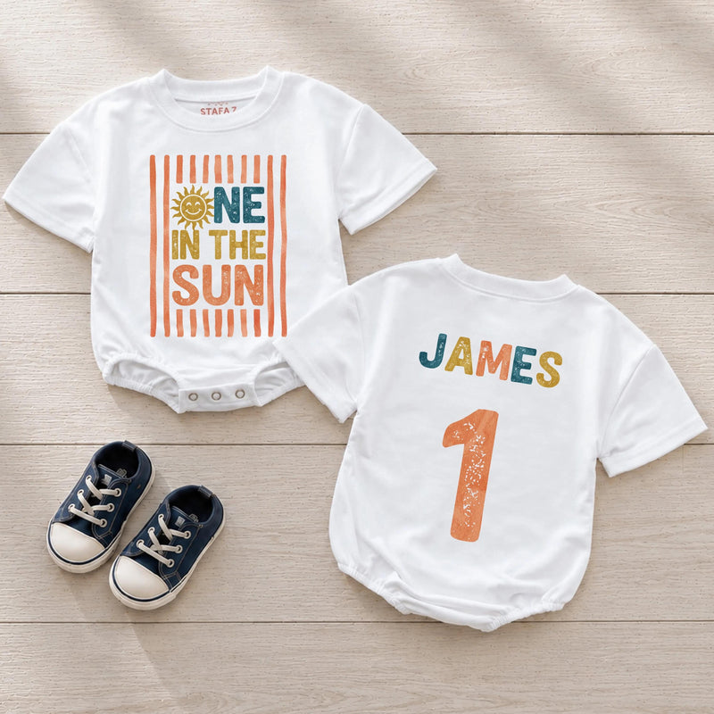 Custom Retro Sunshine Baby Romper with Name, One in the Sun Design, Soft Cotton Long Sleeve Bodysuit for First Birthday Celebration