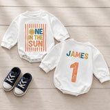 Custom Retro Sunshine Baby Romper with Name, One in the Sun Design, Soft Cotton Long Sleeve Bodysuit for First Birthday Celebration