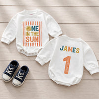 Custom Retro Sunshine Baby Romper with Name, One in the Sun Design, Soft Cotton Long Sleeve Bodysuit for First Birthday Celebration