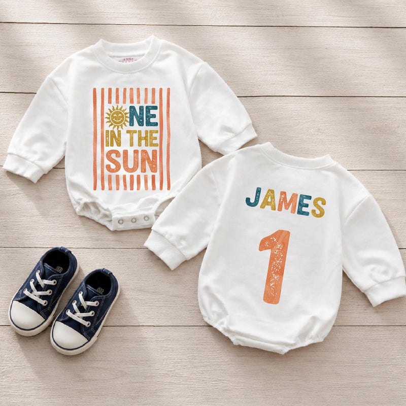 Custom Retro Sunshine Baby Romper with Name, One in the Sun Design, Soft Cotton Long Sleeve Bodysuit for First Birthday Celebration