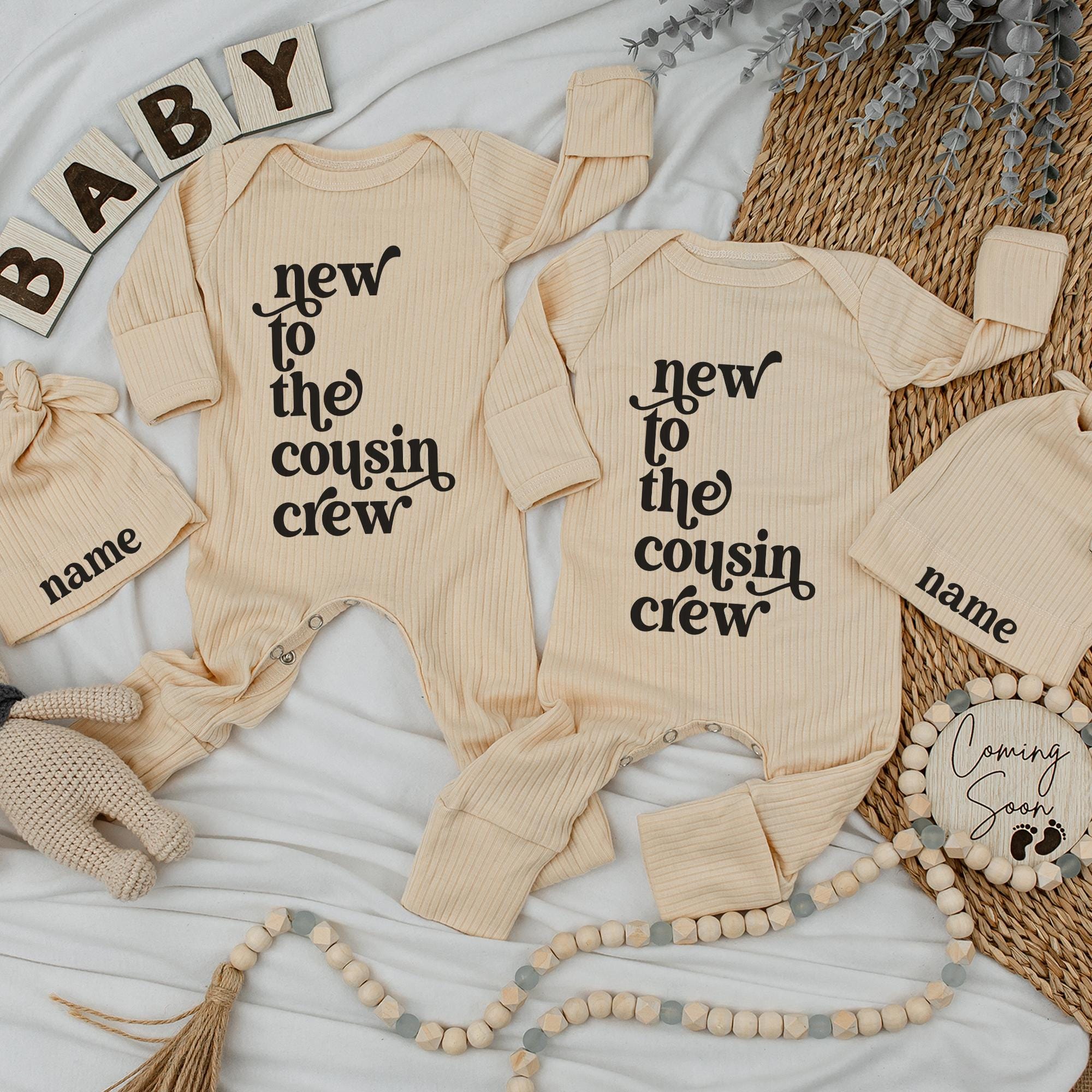 Custom Ribbed Baby Romper & Hat Set with 'New to the Cousin Crew' Print, Personalized Name, Soft Cotton, Newborn Coming Home Outfit