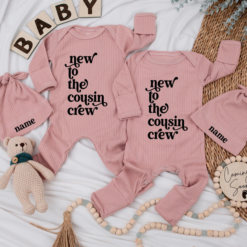 Custom Ribbed Baby Romper & Hat Set with 'New to the Cousin Crew' Print, Personalized Name, Soft Cotton, Newborn Coming Home Outfit