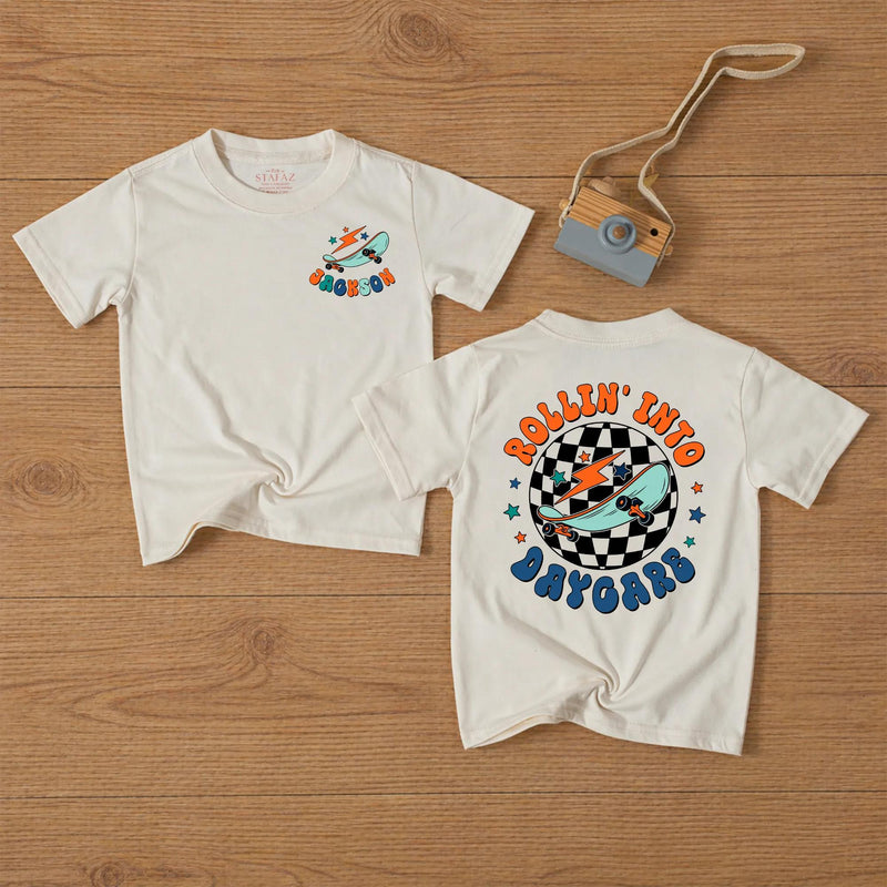 Custom Rollin Into Daycare Baby Romper or Kids Shirt, Retro Skateboard Graphic, Matching Family Outfit, Soft Cotton, Back to School