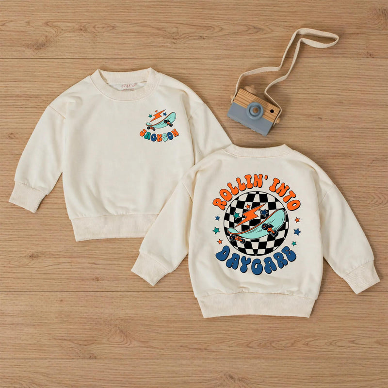 Custom Rollin Into Daycare Baby Romper or Kids Shirt, Retro Skateboard Graphic, Matching Family Outfit, Soft Cotton, Back to School