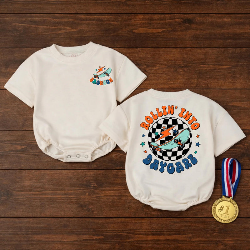 Custom Rollin Into Daycare Baby Romper or Kids Shirt, Retro Skateboard Graphic, Matching Family Outfit, Soft Cotton, Back to School