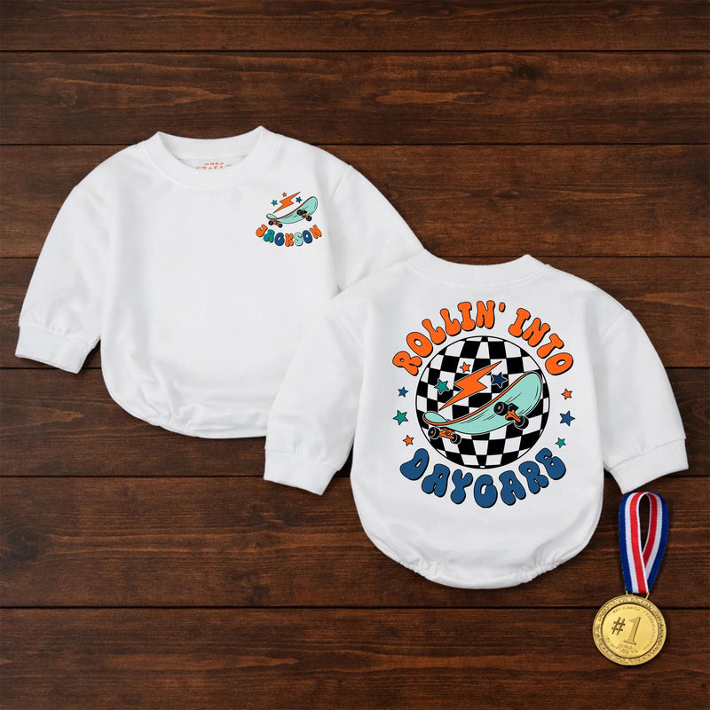 Custom Rollin Into Daycare Baby Romper or Kids Shirt, Retro Skateboard Graphic, Matching Family Outfit, Soft Cotton, Back to School
