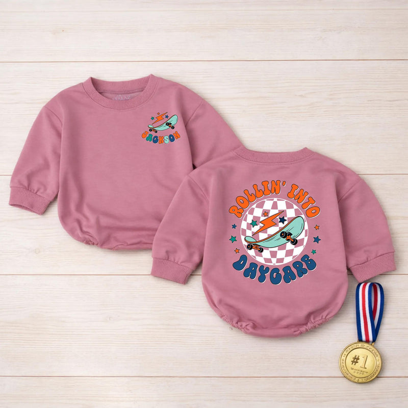 Custom Rollin Into Daycare Baby Romper or Kids Shirt, Retro Skateboard Graphic, Matching Family Outfit, Soft Cotton, Back to School
