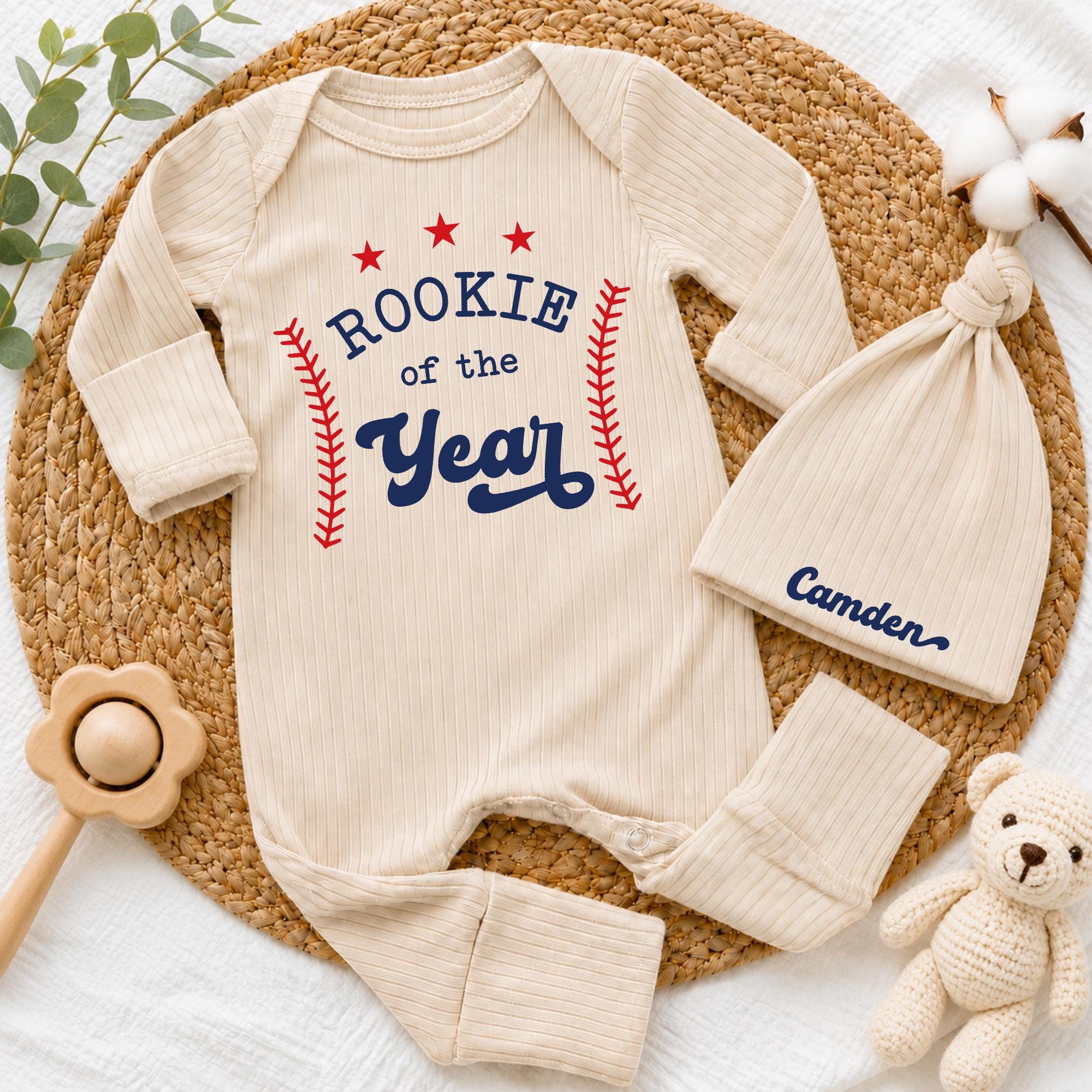 Custom Rookie of the Year Baby Boy Bodysuit & Hat Set, Baseball Theme Outfit for Newborn, Soft Cotton Baby Shower Gift, Coming Home Clothes