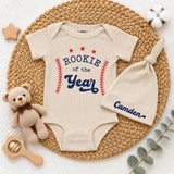 Custom Rookie of the Year Baby Boy Bodysuit & Hat Set, Baseball Theme Outfit for Newborn, Soft Cotton Baby Shower Gift, Coming Home Clothes