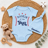 Custom Rookie of the Year Baby Boy Bodysuit & Hat Set, Baseball Theme Outfit for Newborn, Soft Cotton Baby Shower Gift, Coming Home Clothes
