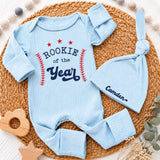 Custom Rookie of the Year Baby Boy Bodysuit & Hat Set, Baseball Theme Outfit for Newborn, Soft Cotton Baby Shower Gift, Coming Home Clothes