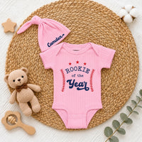 Custom Rookie of the Year Baby Boy Bodysuit & Hat Set, Baseball Theme Outfit for Newborn, Soft Cotton Baby Shower Gift, Coming Home Clothes