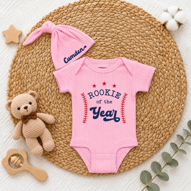 Custom Rookie of the Year Baby Boy Bodysuit & Hat Set, Baseball Theme Outfit for Newborn, Soft Cotton Baby Shower Gift, Coming Home Clothes