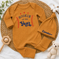 Custom Rookie of the Year Baby Boy Bodysuit & Hat Set, Baseball Theme Outfit for Newborn, Soft Cotton Baby Shower Gift, Coming Home Clothes