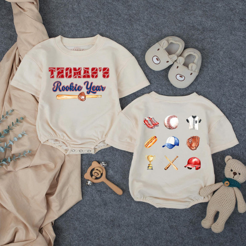 Custom Rookie of the Year Baby Romper with Baseball Motifs, Soft Cotton First Birthday Outfit for Boys, Perfect for Milestone Photos