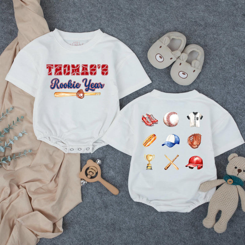 Custom Rookie of the Year Baby Romper with Baseball Motifs, Soft Cotton First Birthday Outfit for Boys, Perfect for Milestone Photos