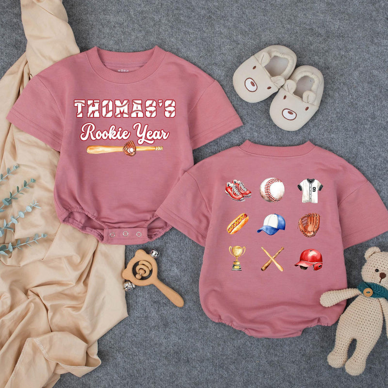 Custom Rookie of the Year Baby Romper with Baseball Motifs, Soft Cotton First Birthday Outfit for Boys, Perfect for Milestone Photos
