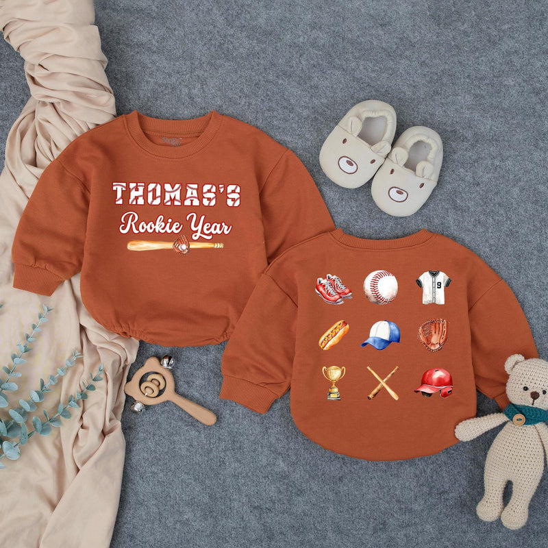 Custom Rookie of the Year Baby Romper with Baseball Motifs, Soft Cotton First Birthday Outfit for Boys, Perfect for Milestone Photos